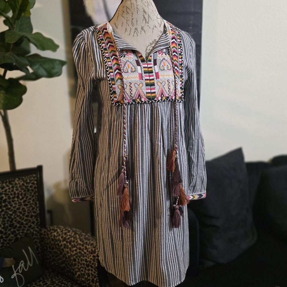 Stunning Chelsea & Theodore Emroidered Striped Boho Festival Dress with Tassels